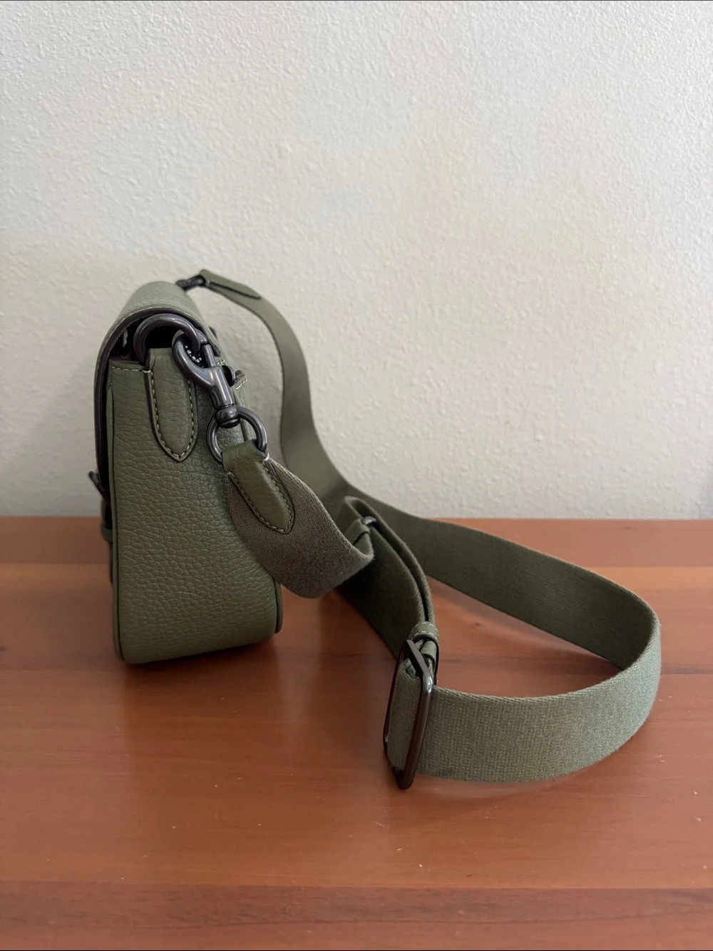 Coach Olive Green Pebbled Leather Flap Crossbody with Buckle